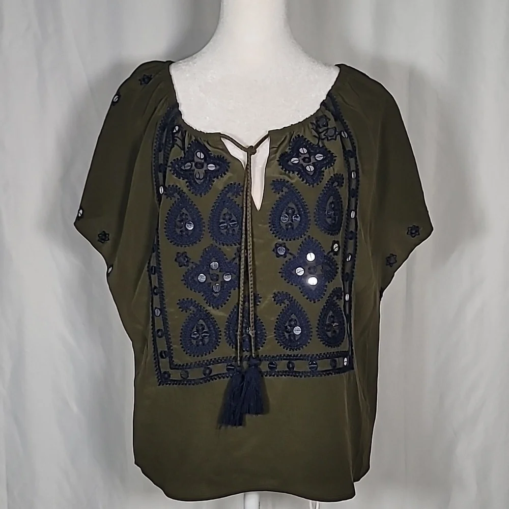 💚 TORY BURCH Silk Top with Sequins and Embroidery Size 2
